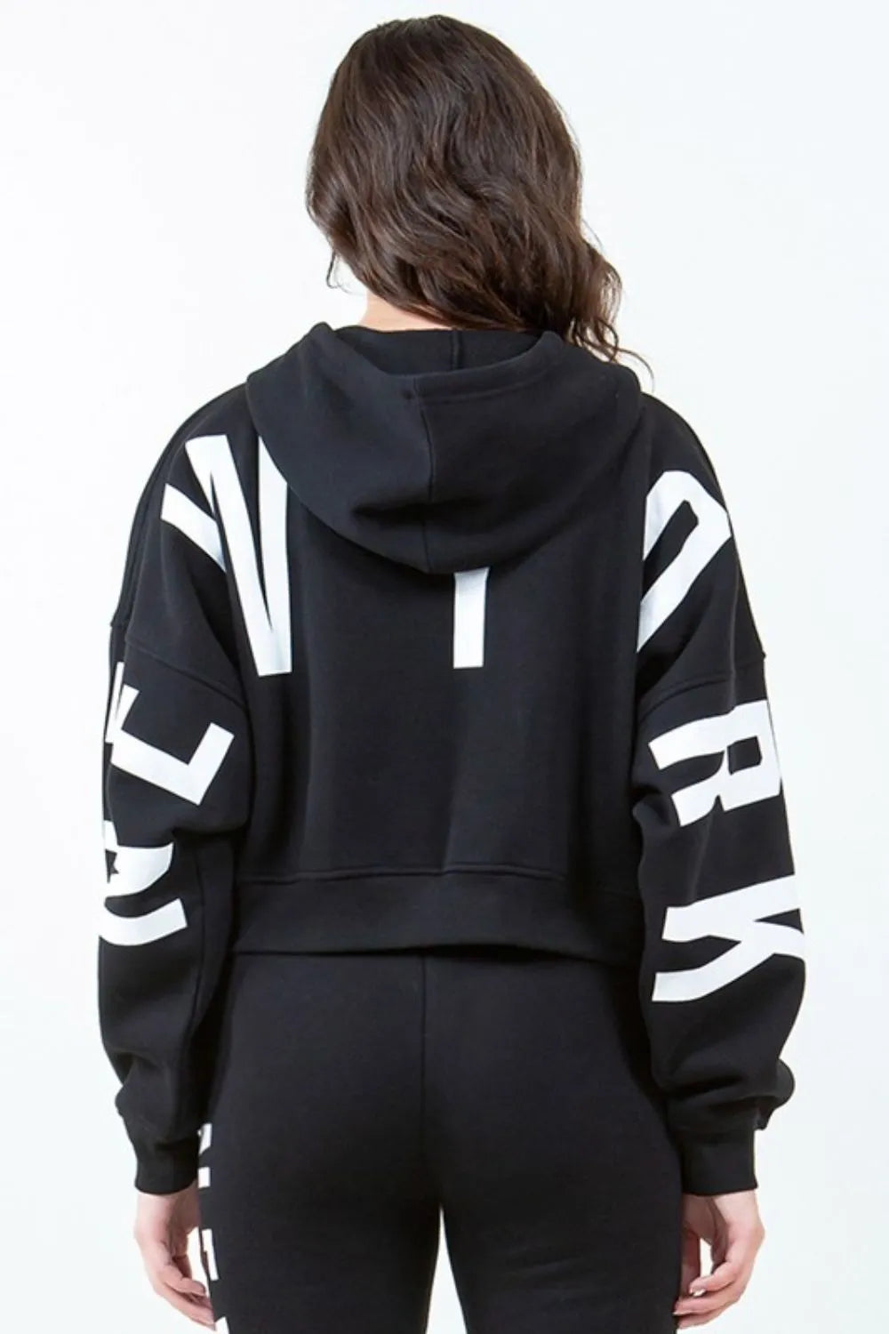 Image of American Bazi Letter Graphic Long Sleeve Drawstring Cropped Hoodie | Queeble.shop
