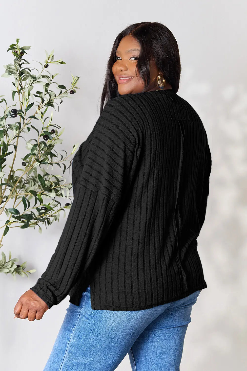 Image of Basic Bae Full Size Ribbed Round Neck Slit Knit Top | Queeble.shop