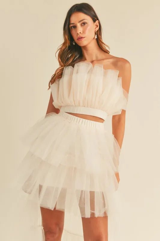 Image of MABLE Tulle Tube Ruffle Crop Top and High Low Maxi Skirt Set | Queeble.shop