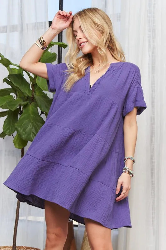 Image of ADORA Tiered Notched Short Sleeve Dress | Queeble.shop