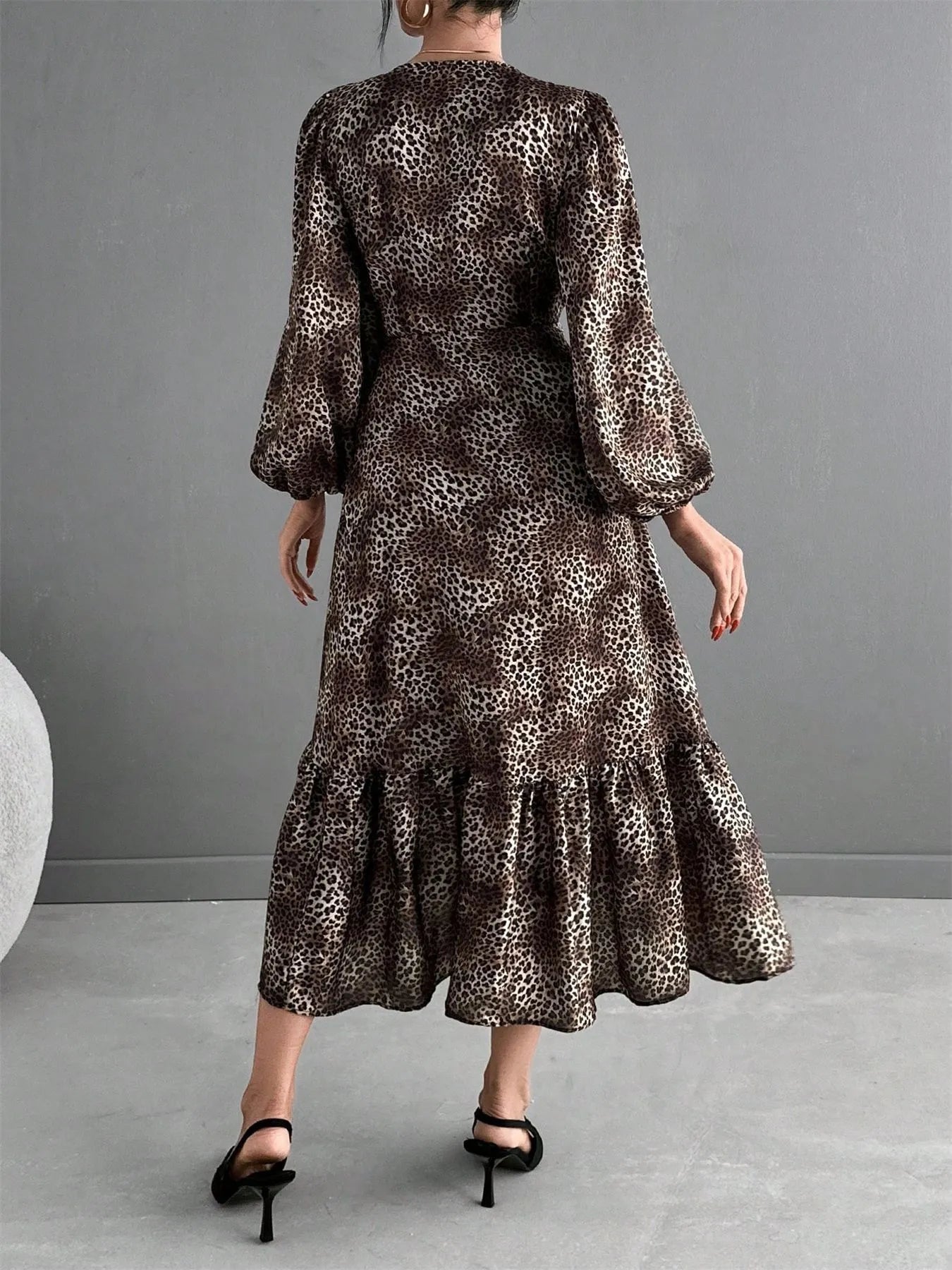 Image of Leopard Print Long Sleeve Dress with Ruffle Hem | Queeble.shop