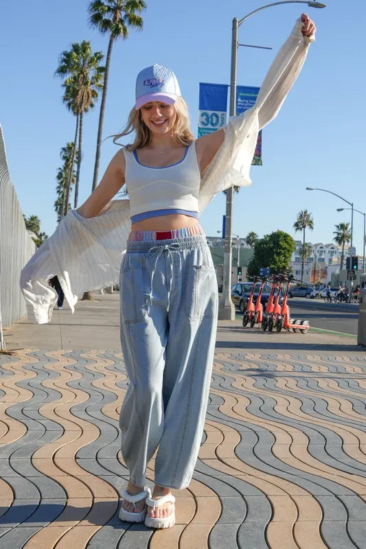 Image of VERY J Washed Chambray Barrel Denim Pants | Queeble.shop