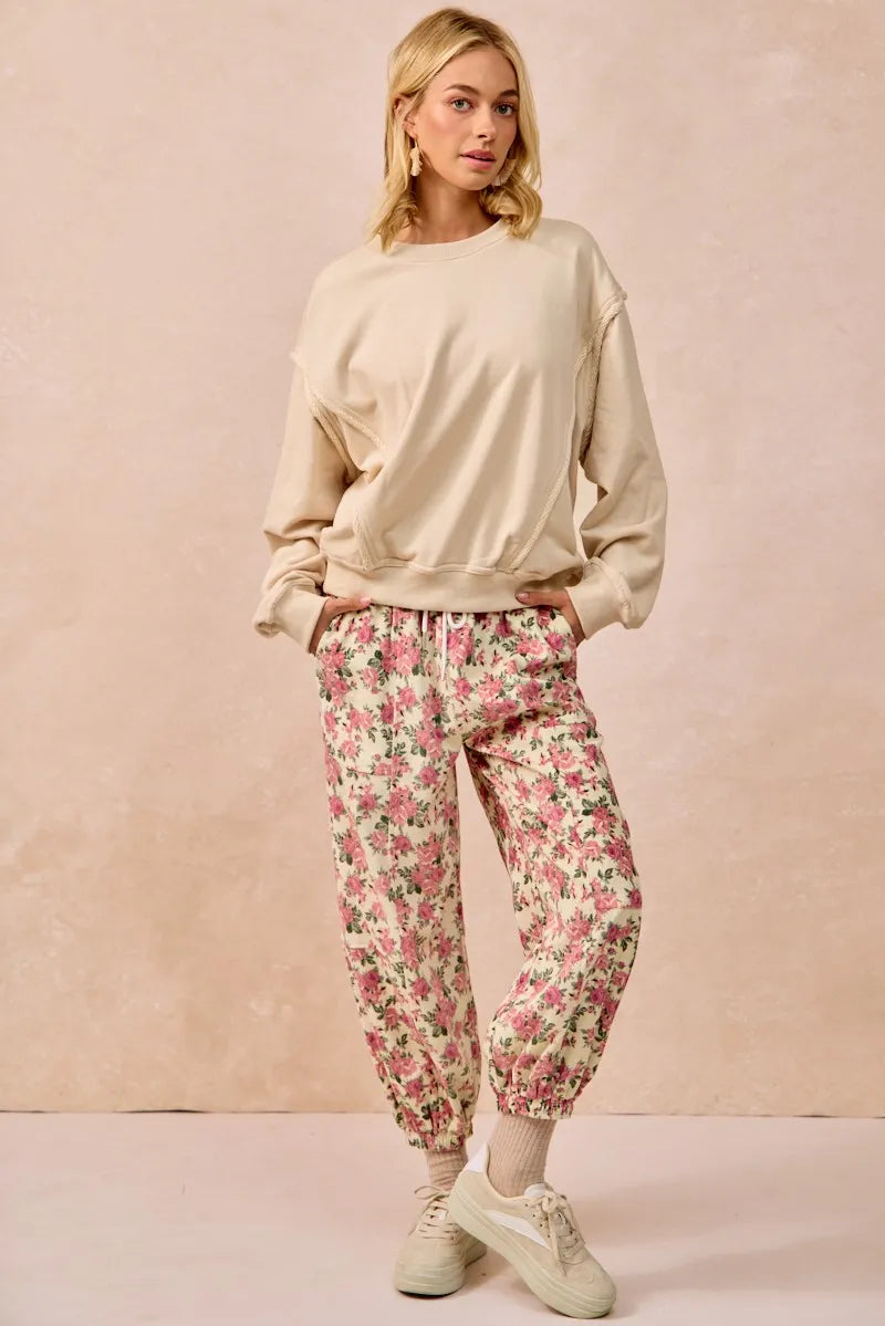 Image of BiBi Floral Printed Twill Drawstring Pants With Elastic Band | Queeble.shop