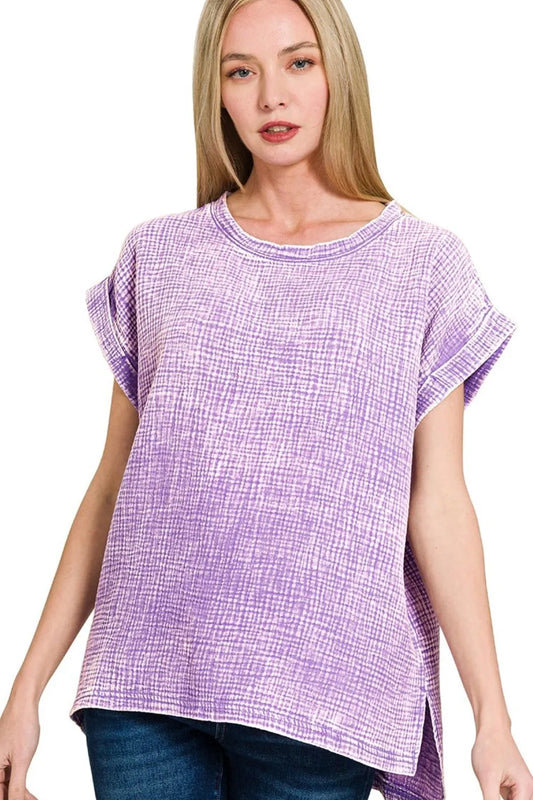 Image of Zenana Woven Double Gauze Acid Washed Short Sleeve Top | Queeble.shop