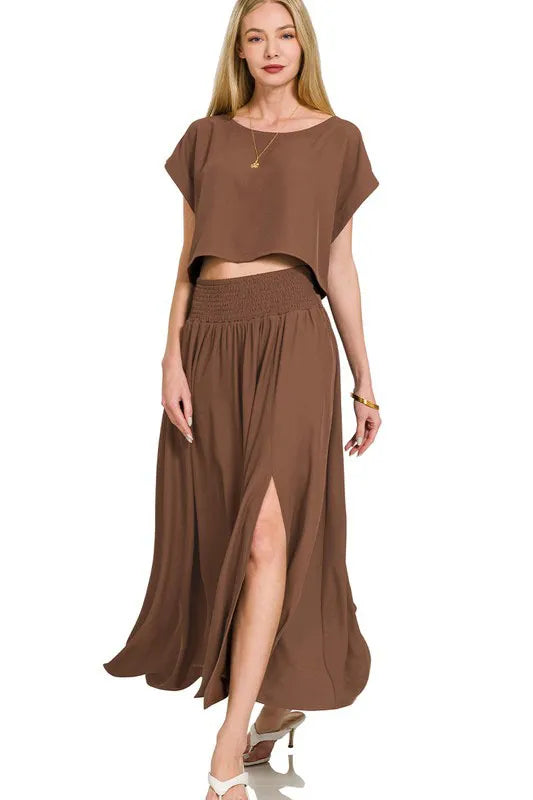 Image of Zenana Heavy Woven Span Crop Tee & Skirt Set | Queeble.shop