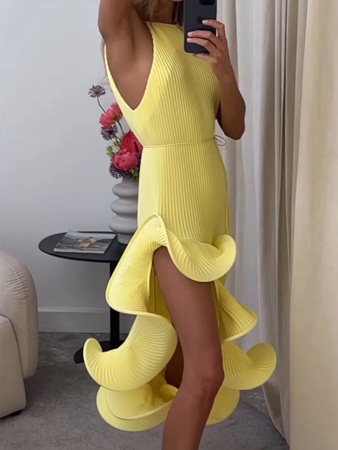 Image of Ruffle Hem Ribbed Sleeveless Dress | Queeble.shop