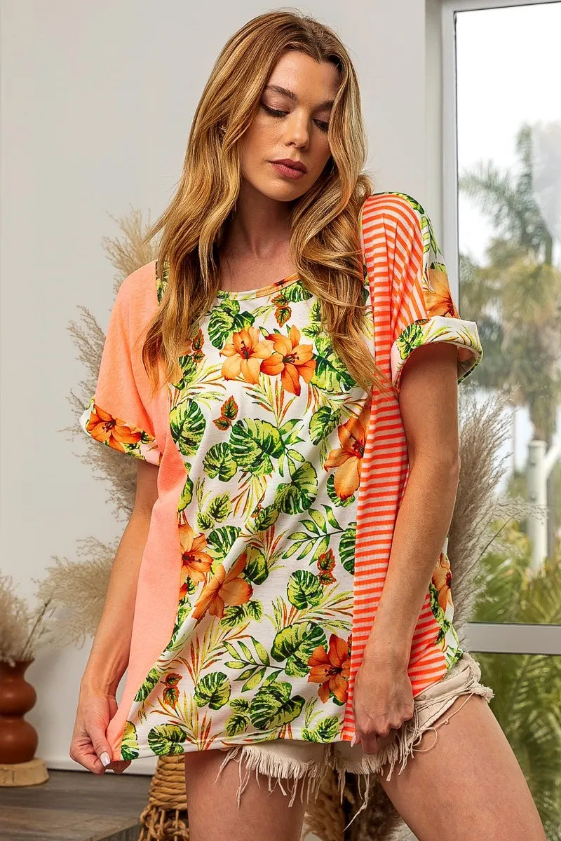 Image of BiBi Floral W Stripe Color Block Dolman Sleeves Top | Queeble.shop