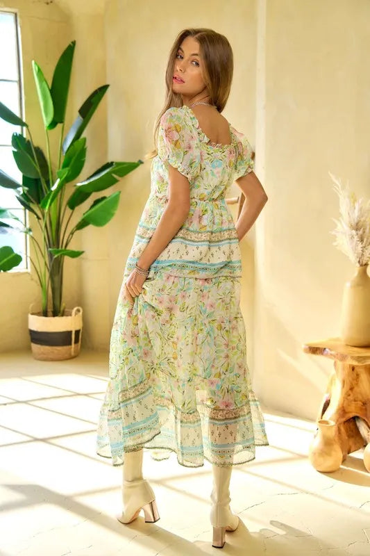 Image of Davi & Dani Spring Floral Border Print Ruffled Textured Top | Queeble.shop