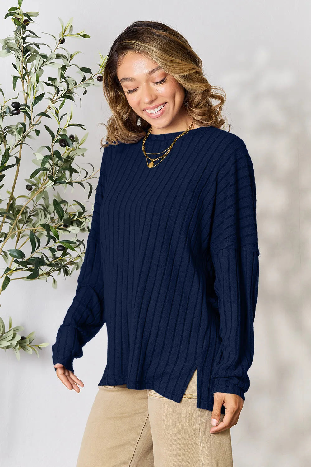 Image of Basic Bae Full Size Ribbed Round Neck Slit Knit Top | Queeble.shop