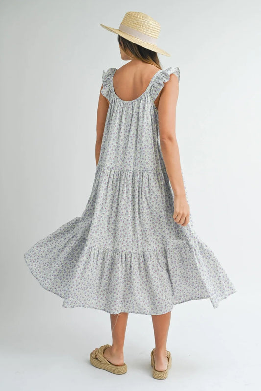 Image of MABLE Floral Ruffle Shoulder Tiered Midi Dress | Queeble.shop
