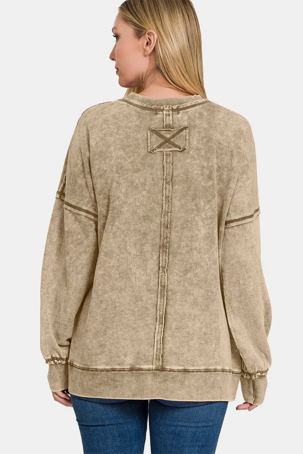 Image of Zenana Exposed Seam Round Neck Dropped Shoulder Sweatshirt | Queeble.shop