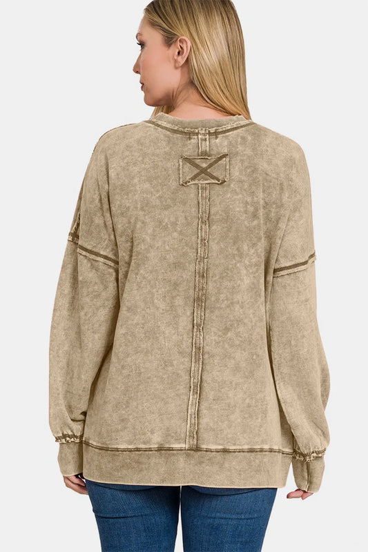 Image of Zenana Exposed Seam Round Neck Dropped Shoulder Sweatshirt | Queeble.shop