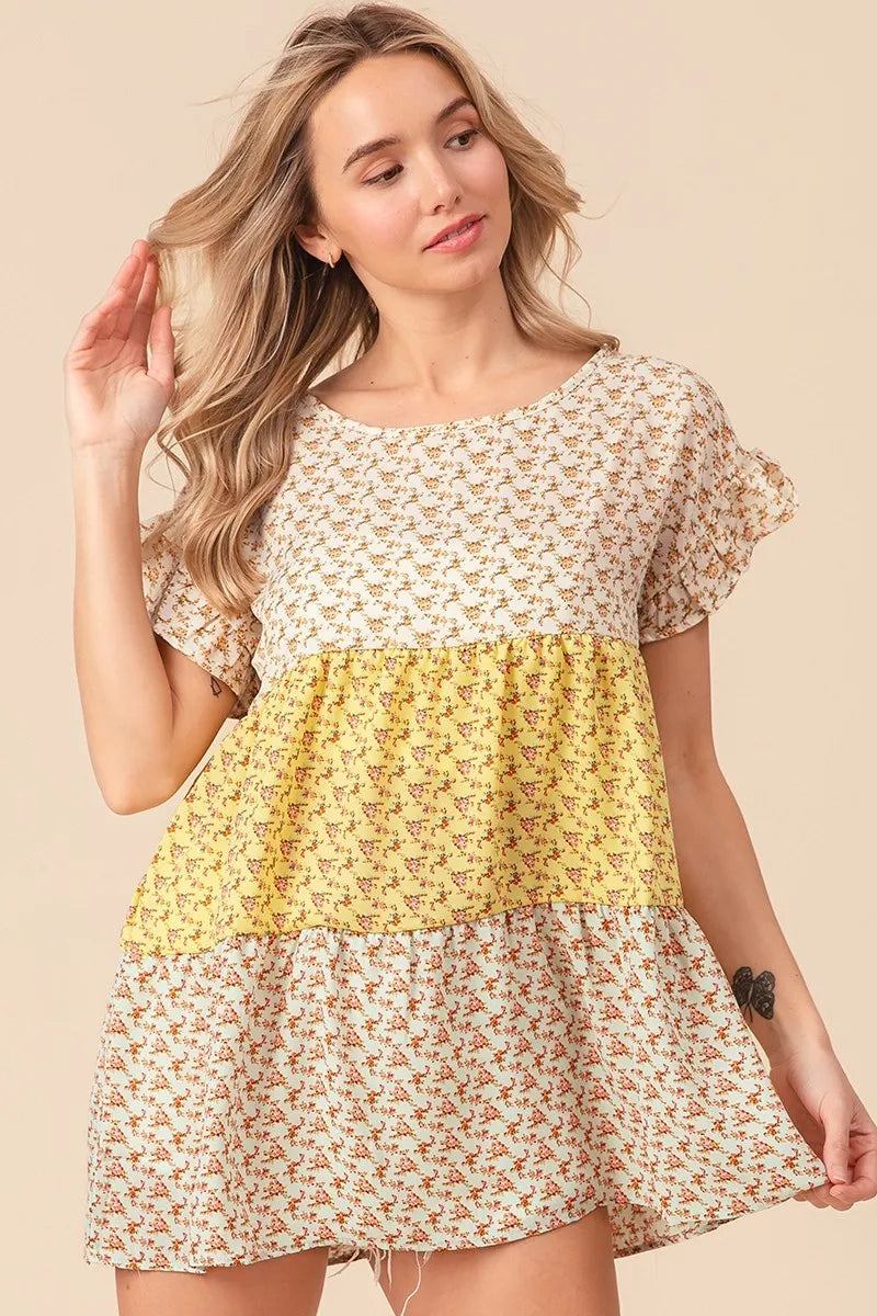 Image of BiBi Flroal Printed Woven Color Block and Tiered Top | Queeble.shop