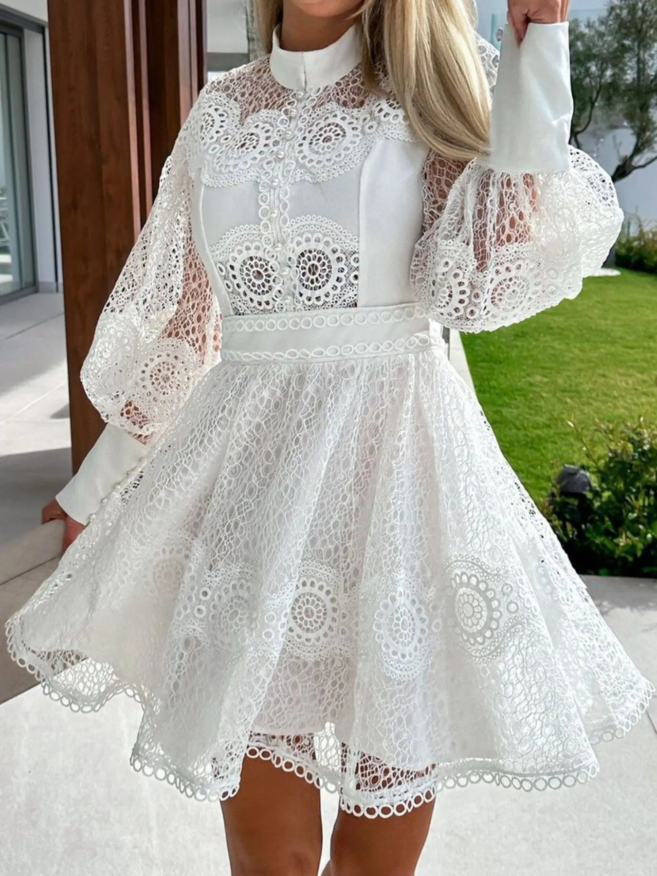 Image of Lace Lantern Sleeve Mini Dress | Queeble.shop