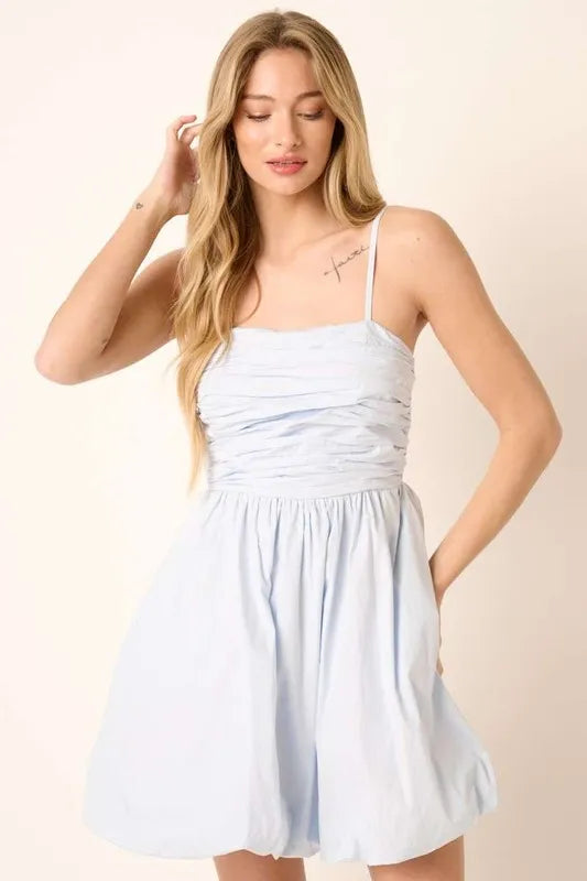 Image of Mittoshop Ruched Detail Bubble Hem Mini Dress | Queeble.shop