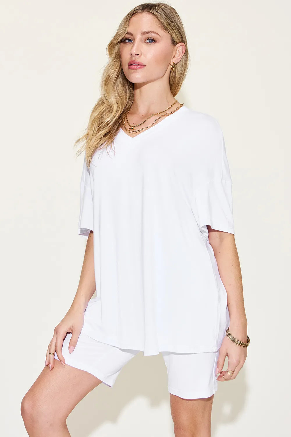 Image of Basic Bae Full Size V-Neck Drop Shoulder T-Shirt and Shorts Set | Queeble.shop