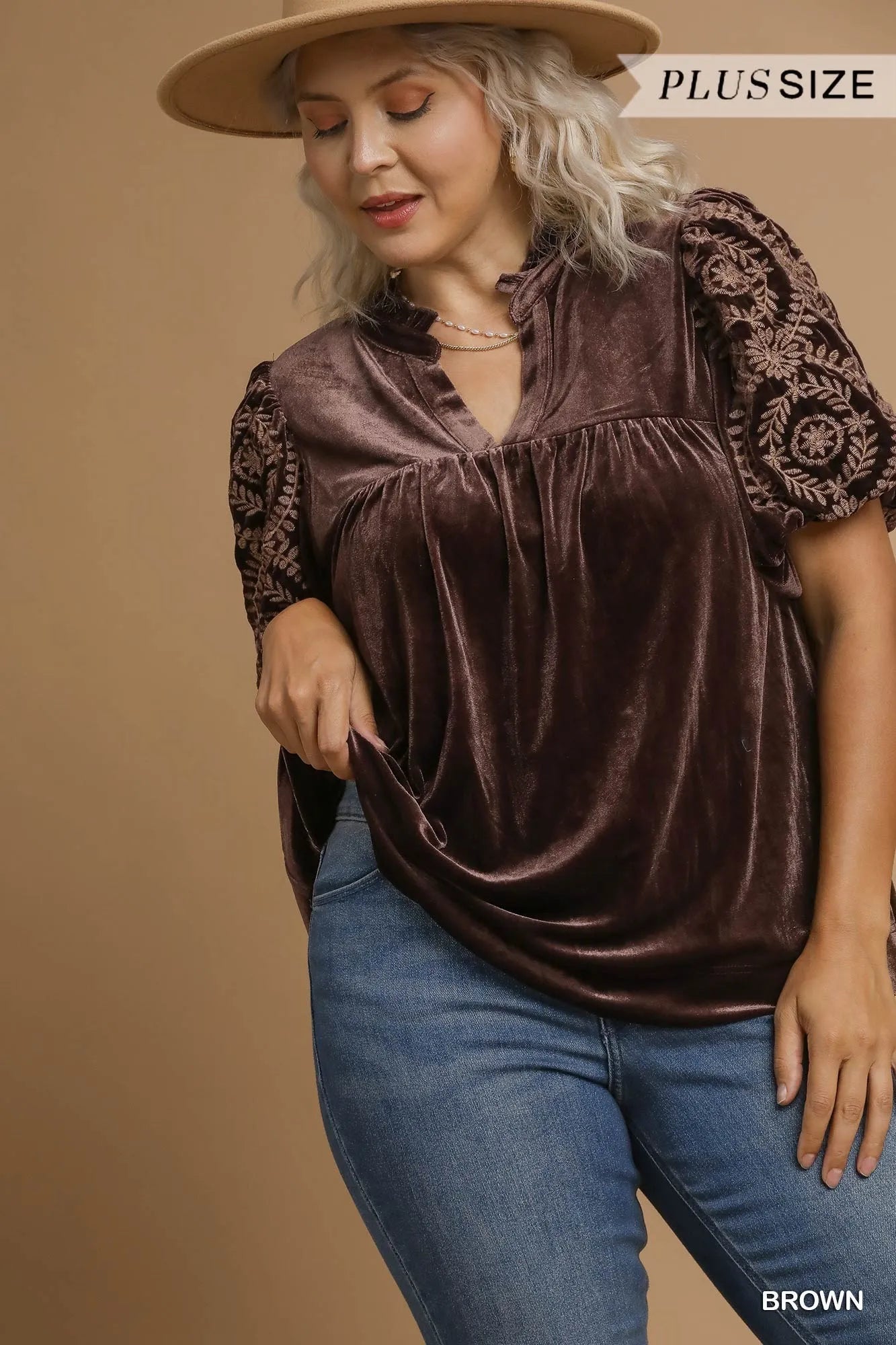 Image of Umgee Full Size Velvet Embroidered Sleeve Blouse Plus Size | Queeble.shop