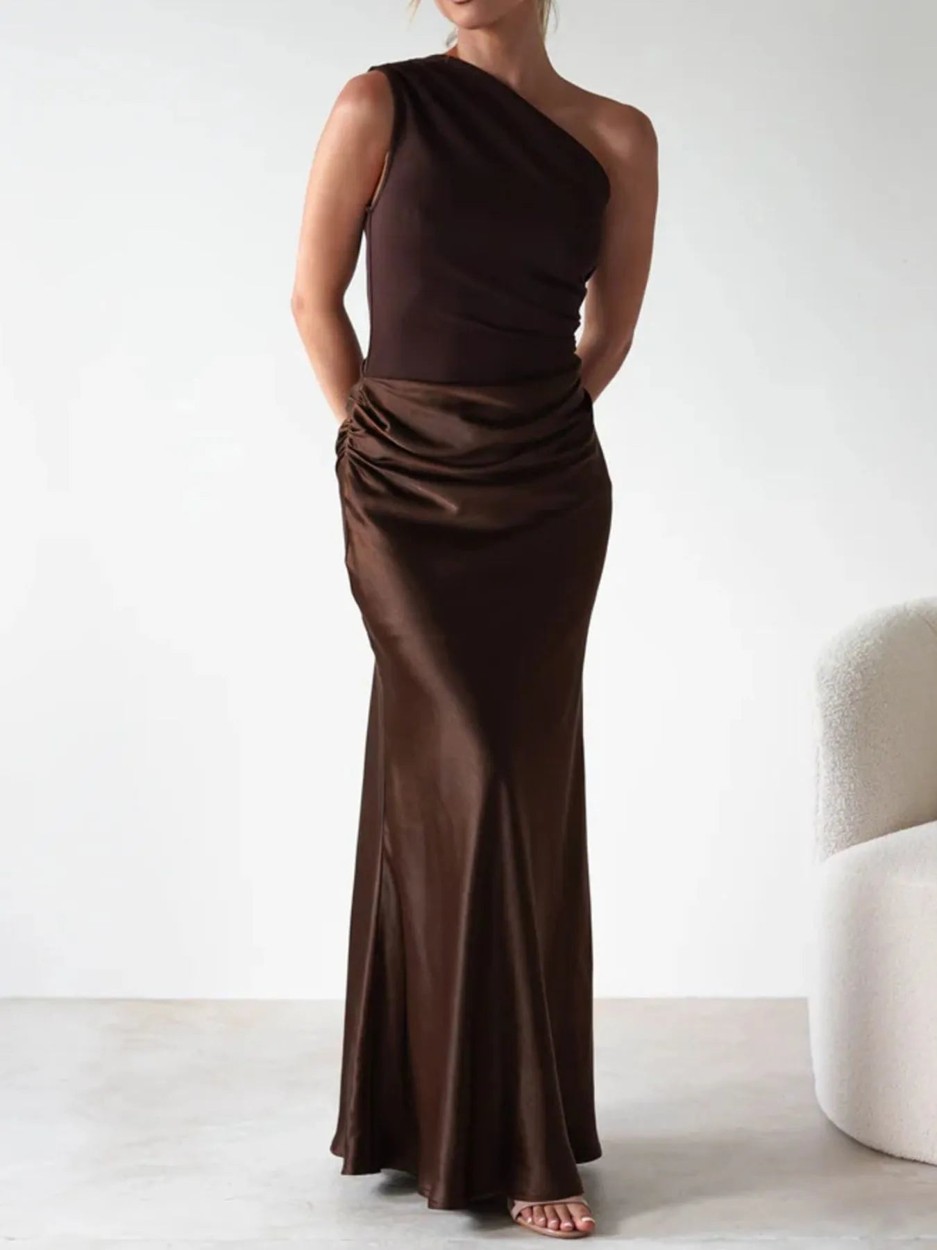 Image of One Shoulder Ruched Bodycon Maxi Dress | Queeble.shop