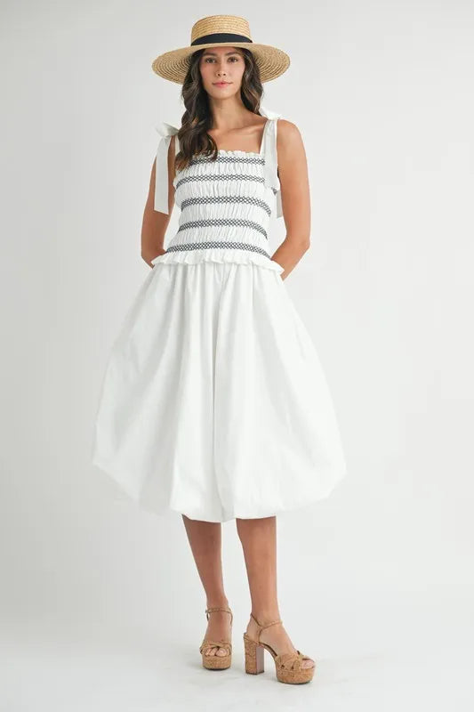 Image of MABLE Smocked Bodice Bubble Midi Dress | Queeble.shop