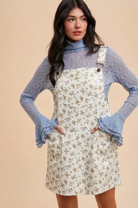 Image of Annie Wear Stretch Ditsy Print Denim Overall Mini Dress | Queeble.shop