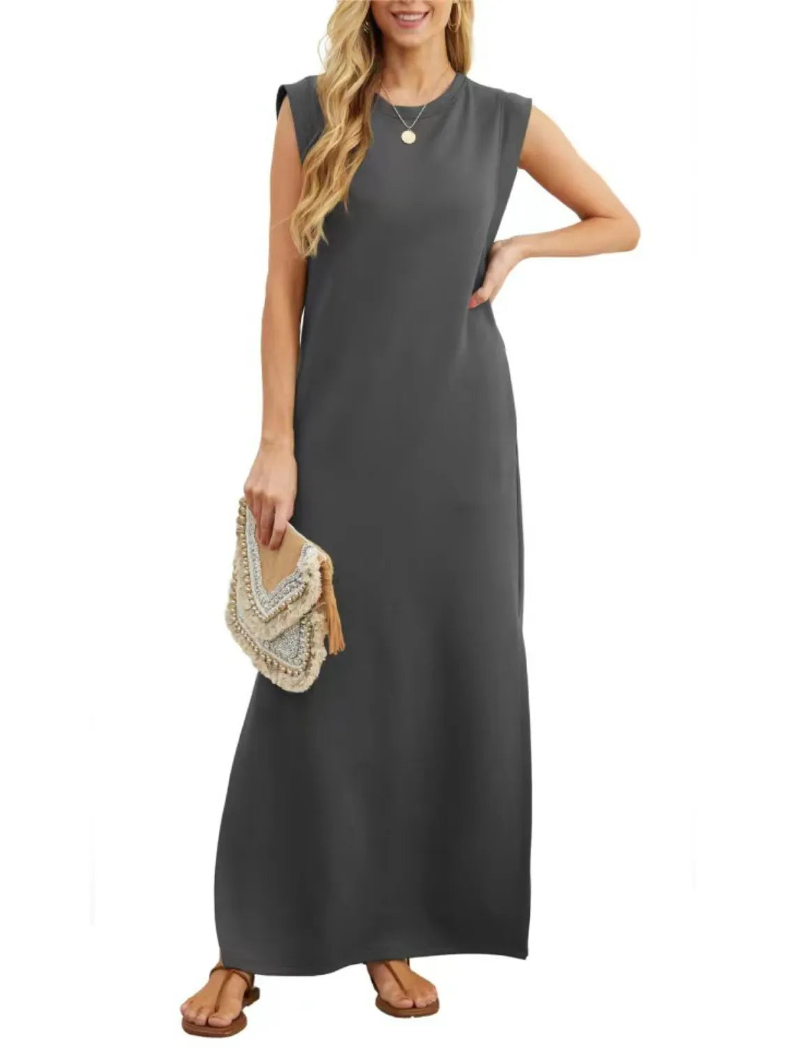 Image of Full Size Slit Round Neck Sleeveless Maxi Tank Dress Plus Size | Queeble.shop