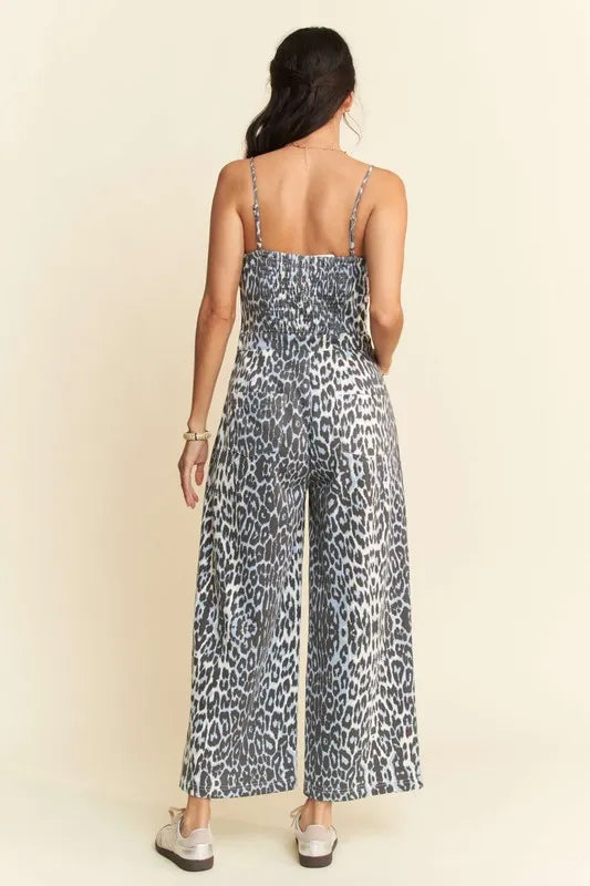 Image of Davi & Dani Leopard Spaghetti Straps Wide Leg Jumpsuit | Queeble.shop