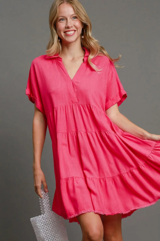 Image of Umgee Full Size Raw Hem Folded Sleeve Tiered Dress Plus Size | Queeble.shop