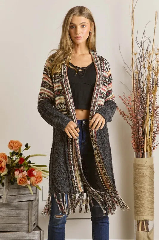 Image of ADORA Full Size Fringe Hem Aztec Cardigan Plus Size | Queeble.shop