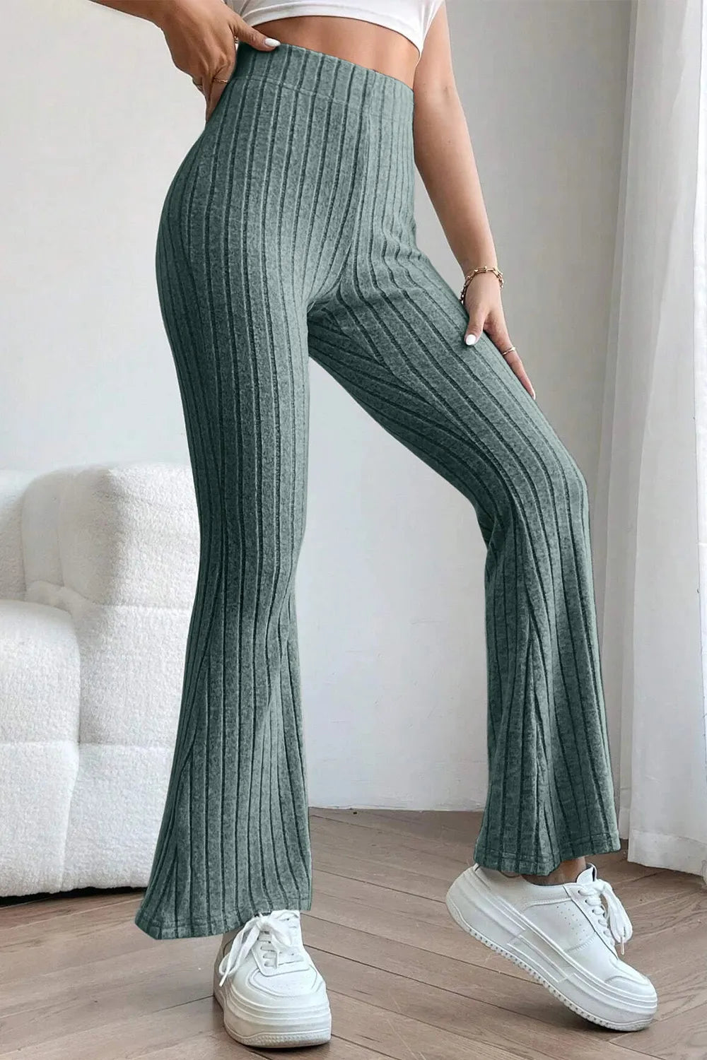 Image of Basic Bae Full Size Ribbed High Waist Flare Pants | Queeble.shop