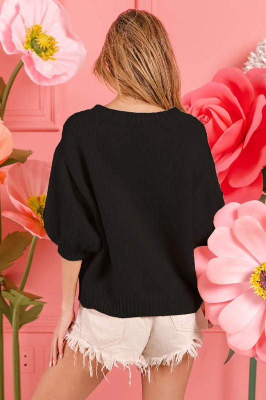 Image of BiBi Metallic Letter Puff Sleeve Hairy Sweater | Queeble.shop