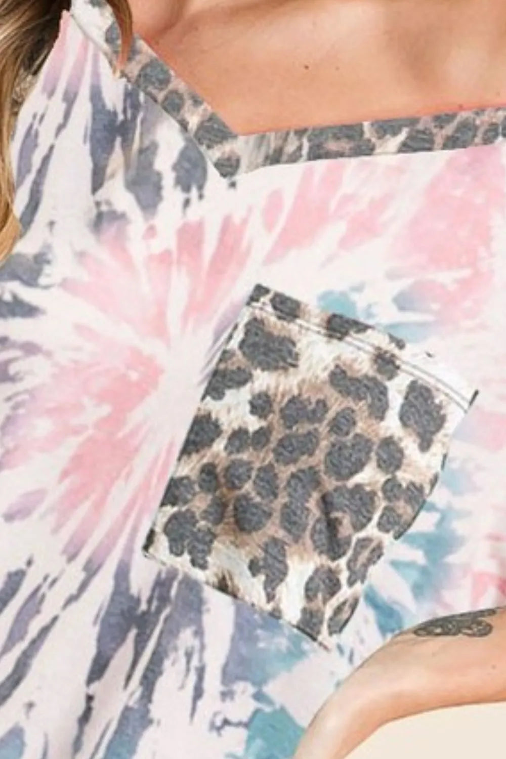 Image of BiBi Tie Dye Print V Neck Top with Front Patch Pocket | Queeble.shop