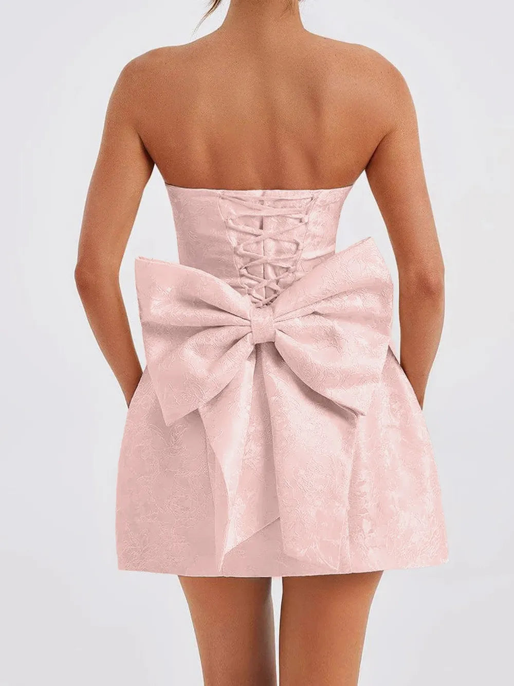 Image of Lace-Up Sleeveless Satin Mini Dress with Bow | Queeble.shop