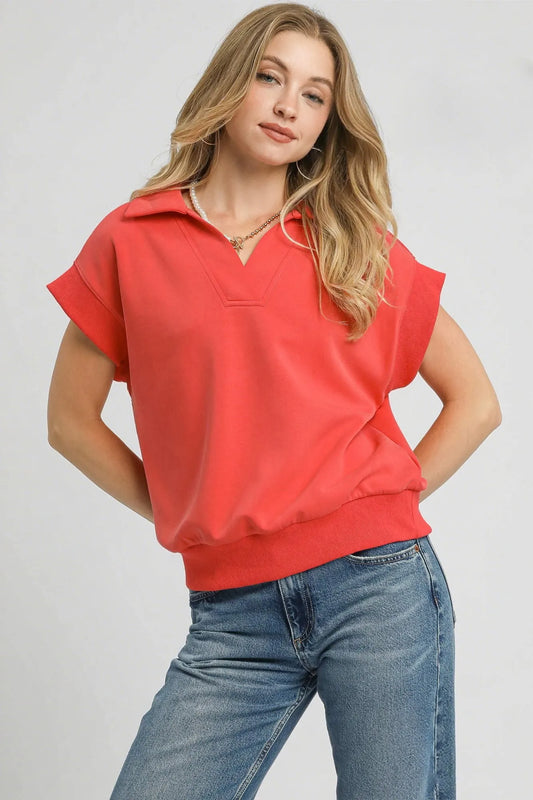 Image of Umgee Luxe Knit Collared Short Sleeve Polo Sweatshirt | Queeble.shop