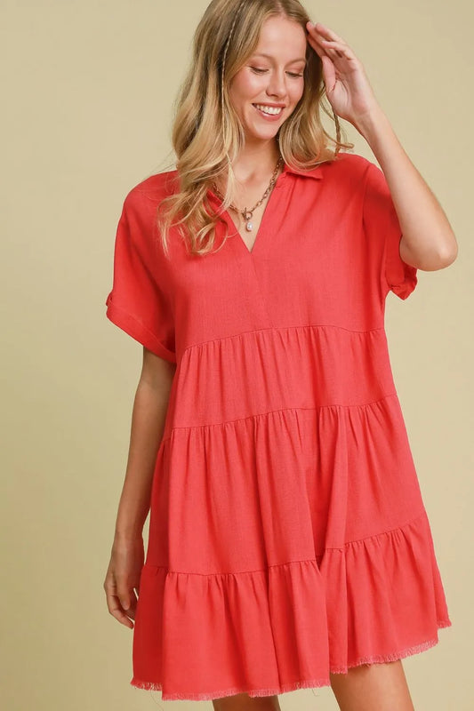 Image of Umgee Full Size Raw Hem Folded Sleeve Tiered Dress Plus Size | Queeble.shop
