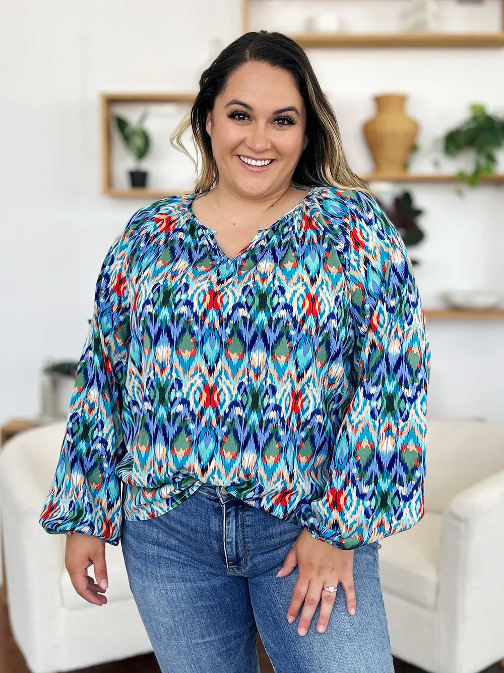 Image of Double Take Full Size Printed Balloon Sleeve Blouse | Queeble.shop