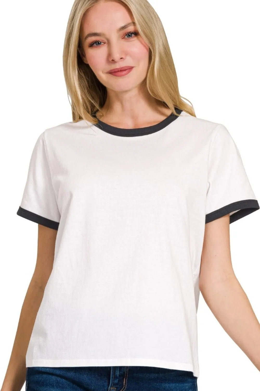Image of Zenana Contrast Binding Short Sleeve Tee Shirts | Queeble.shop
