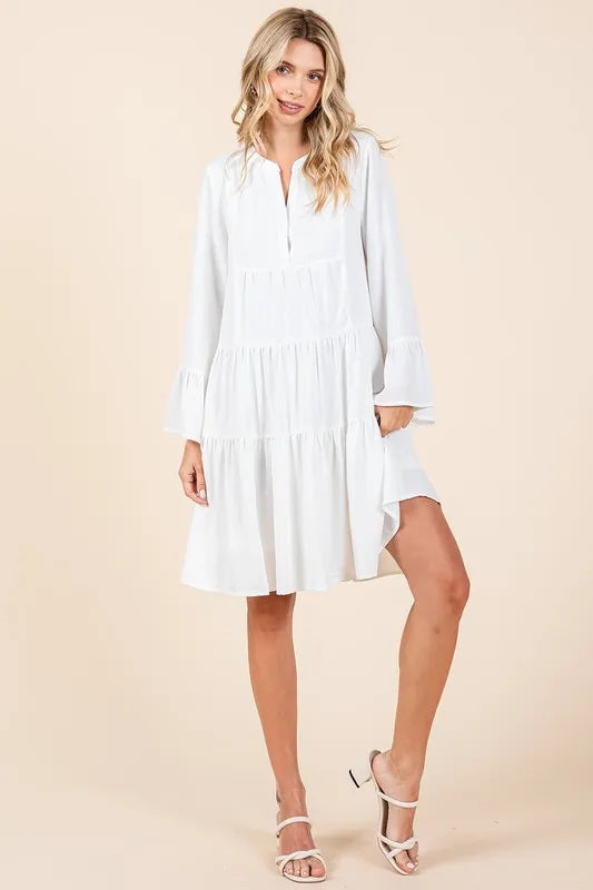 Image of Mittoshop Tiered Notched Flare Sleeve Dress | Queeble.shop