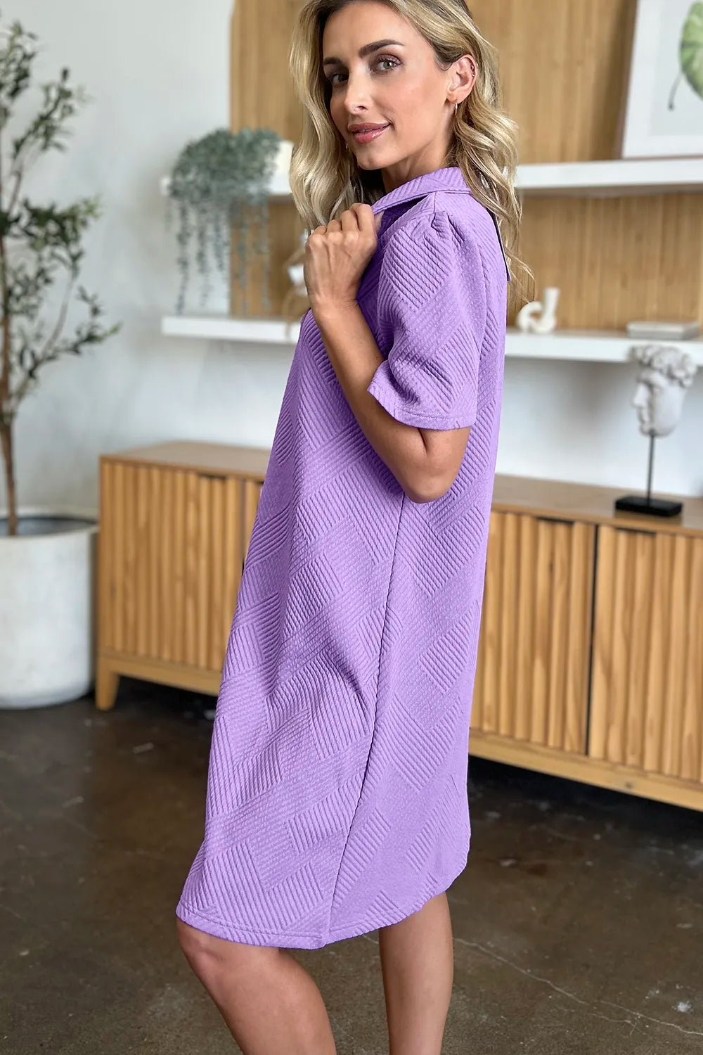 Image of Double Take Full Size Texture Collared Neck Short Sleeve Dress | Queeble.shop