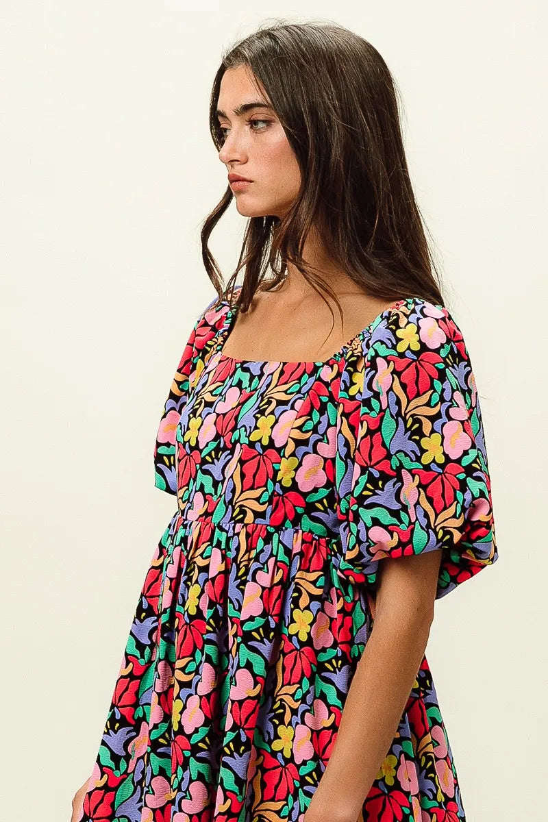 Image of BiBi Floral Print Puff Square Neck Dress | Queeble.shop