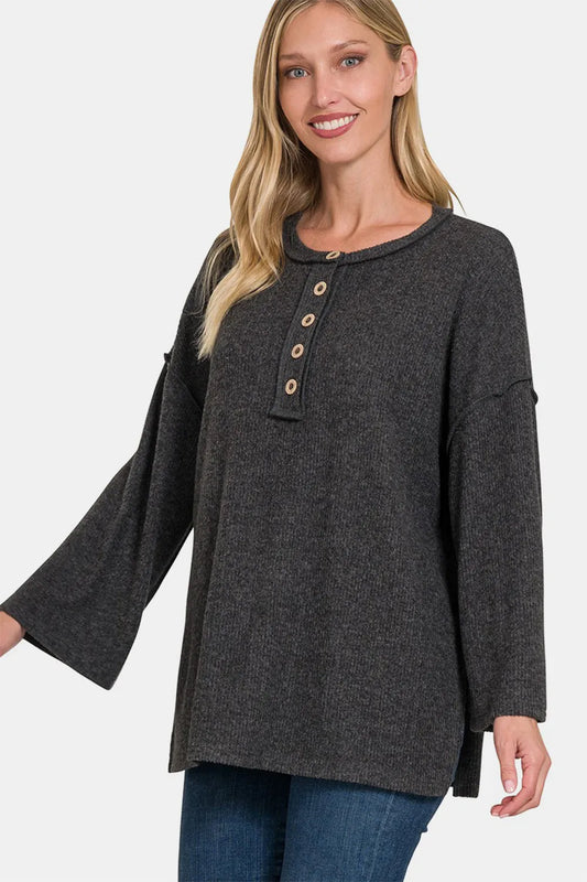 Image of Zenana Full Size Ribbed Half Button Slit Knit Top | Queeble.shop
