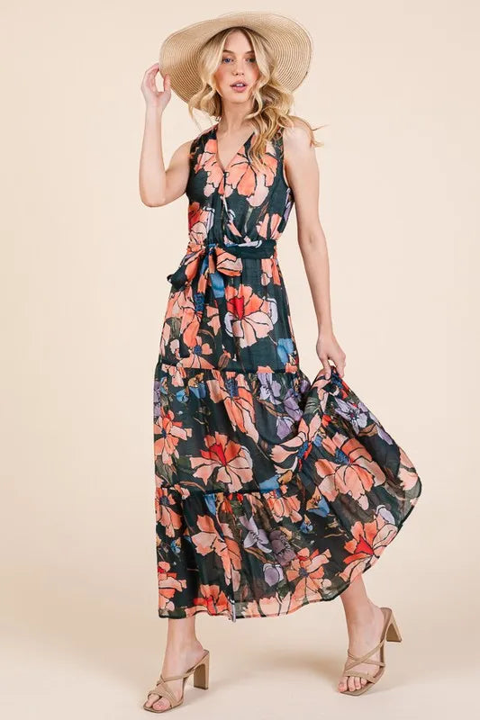 Image of Lime 'N' Chili Floral Print Sleeveless Tie Waist Maxi Dress | Queeble.shop