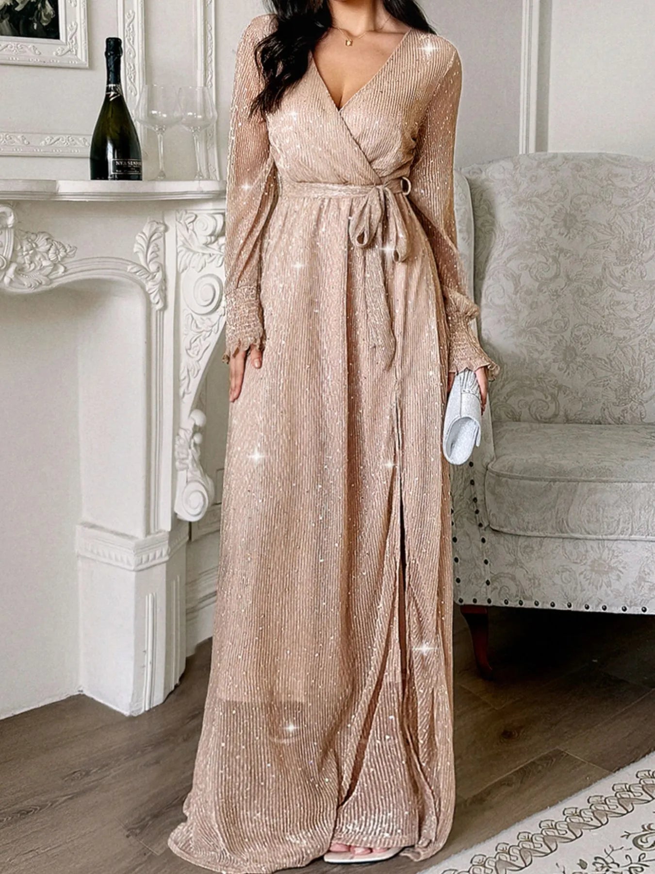Image of Surplice Slit Tie Waist Maxi Dress | Queeble.shop