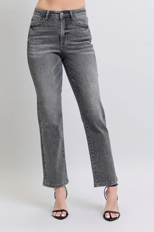 Image of Judy Blue Full Size High Waist Rhinestone Straight Jeans Plus Size | Queeble.shop
