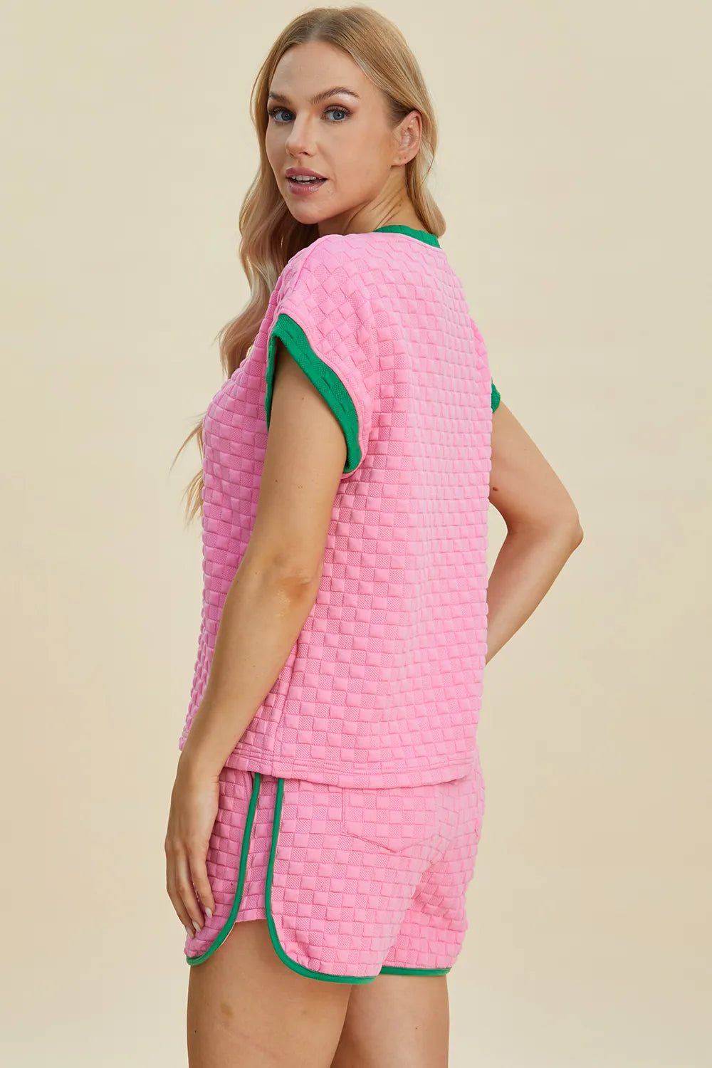 Image of Double Take Full Size Texture Contrast T-Shirt and Shorts Set | Queeble.shop
