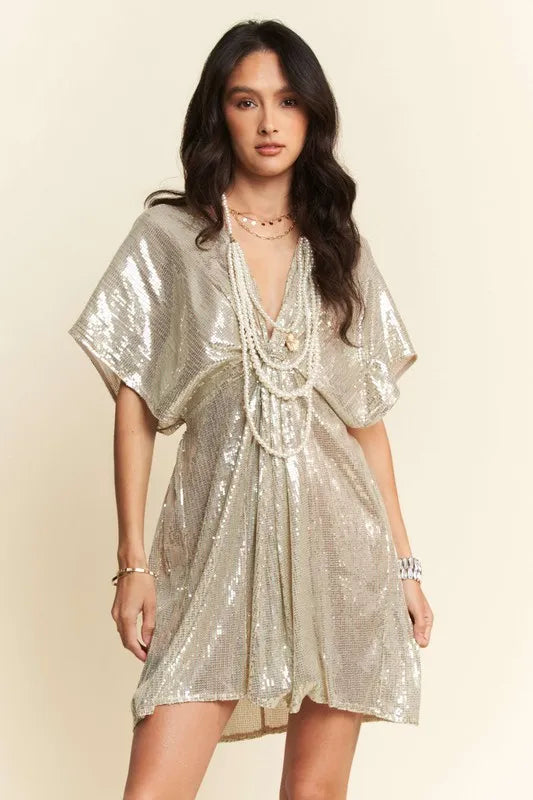 Image of Davi & Dani Sequin Plunge Neck Knot Cut Out Tie Back Party Dress | Queeble.shop