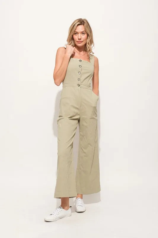 Image of And The Why Square Neck Button Down Cropped Wide Leg Jumpsuit | Queeble.shop