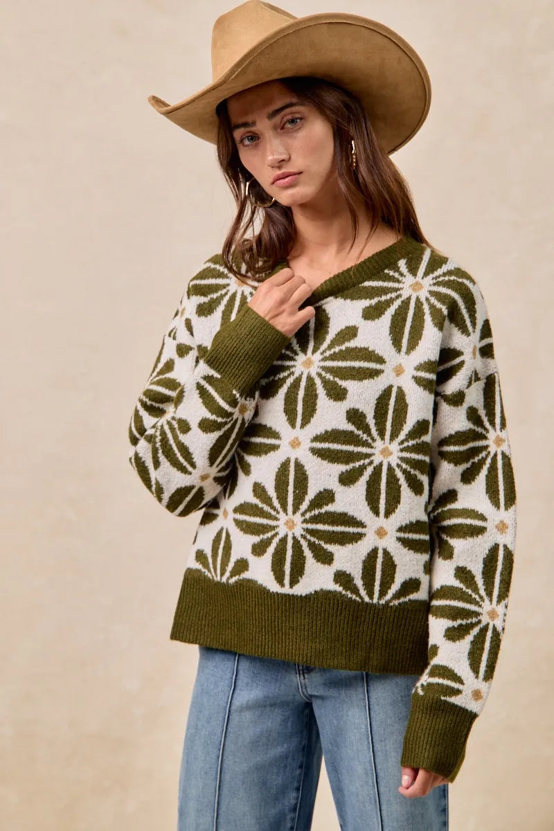 Image of BiBi Flower Pattern Long Sleeve Sweater | Queeble.shop