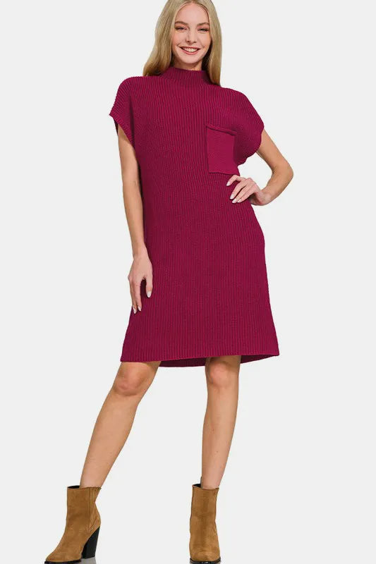 Image of Zenana Mock Neck Short Sleeve Sweater Dress | Queeble.shop
