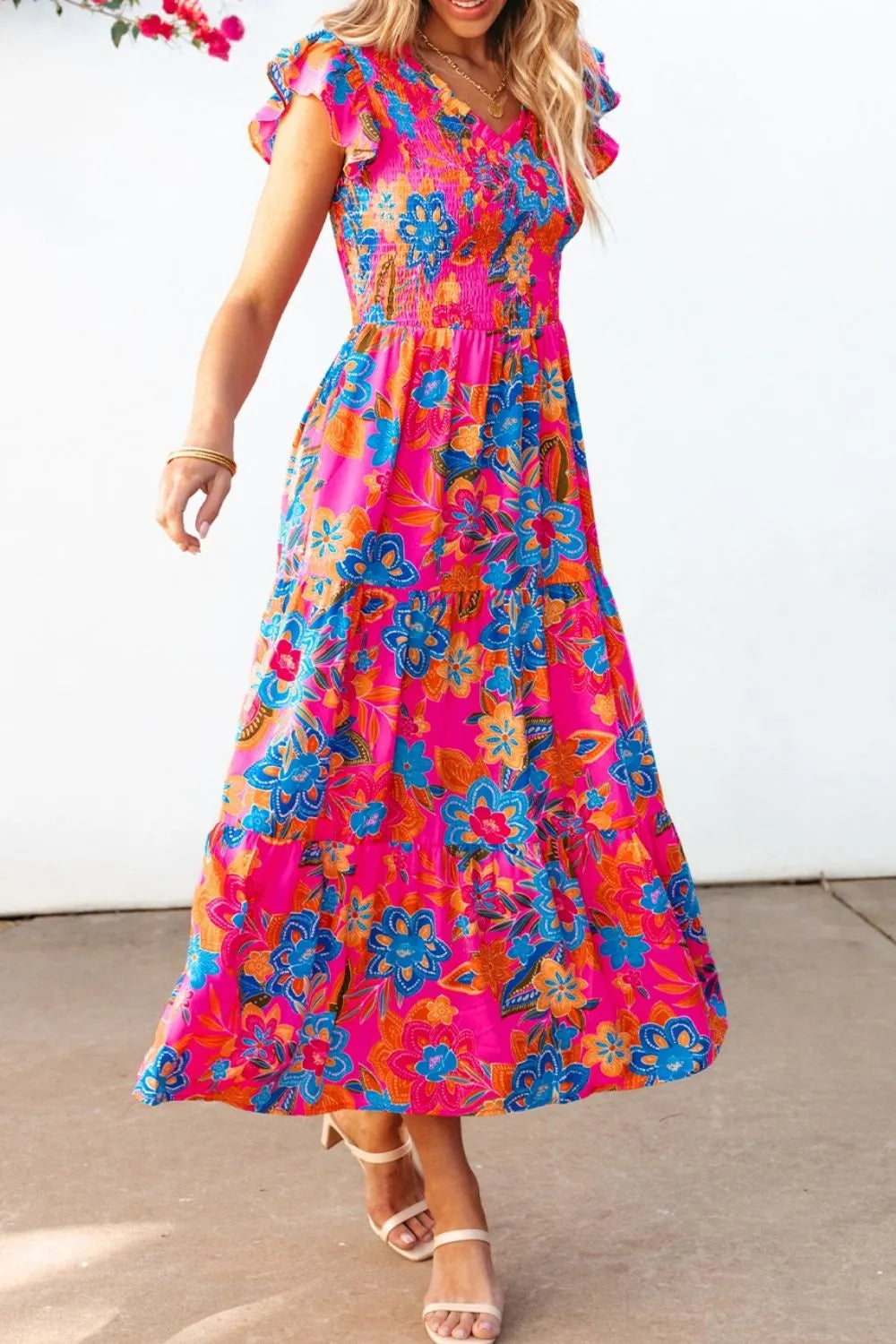 Image of Boho Floral V Neck Ruffle Tiered Dress | Queeble.shop