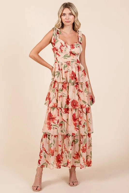 Image of Mittoshop Layered Floral Sweetheart Neck Maxi Dress | Queeble.shop